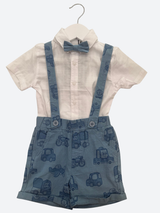 Salopette con camicia e papillon