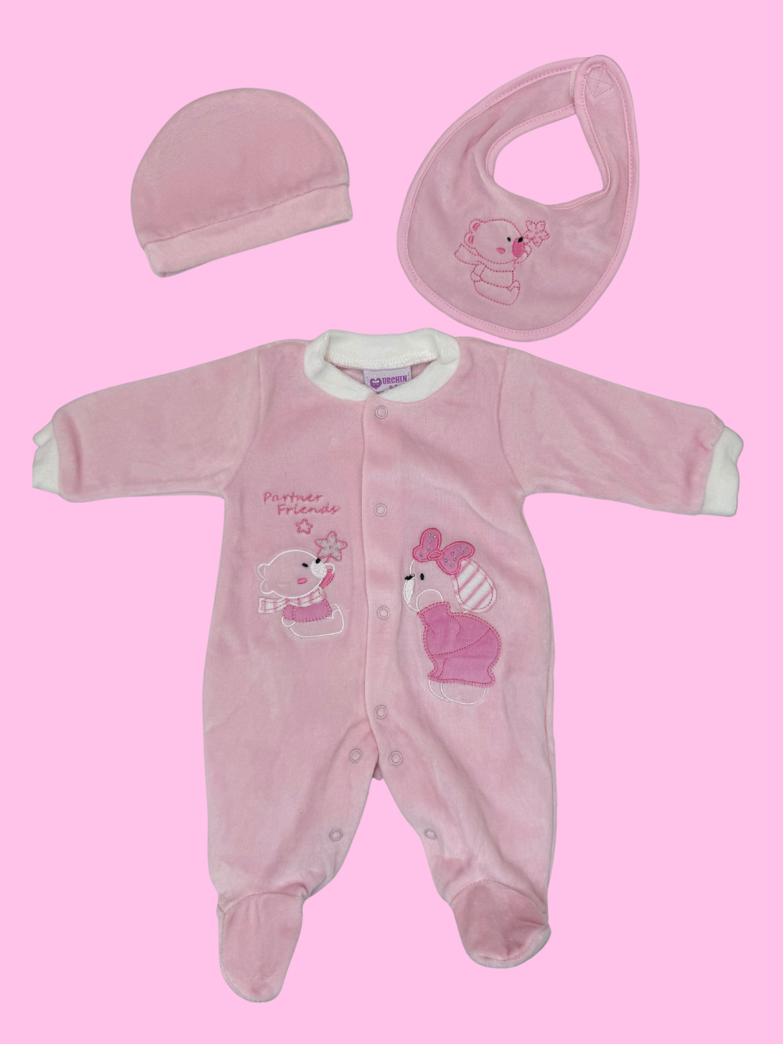 Velour babygrow, hat, and bib set - baby girl
