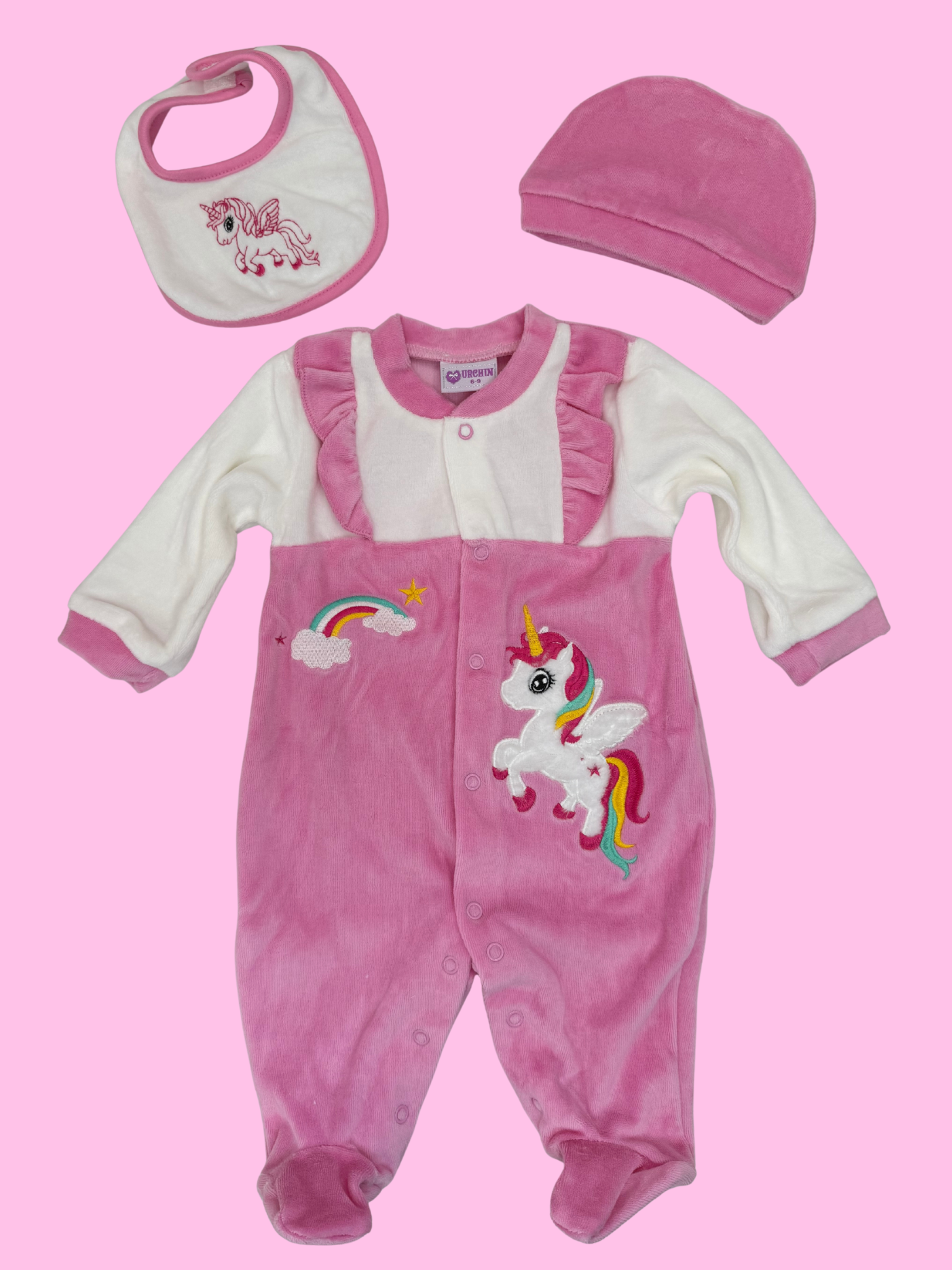 Velour babygrow, hat, and bib set - baby girl